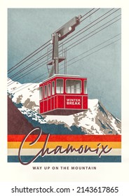 Funicular Illustration In Snowy Mountain, Chamonix Ski Vacation. Winter Break