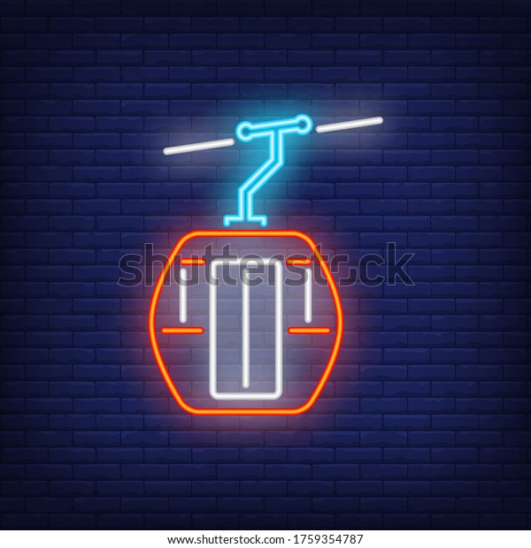 Funicular neon sign. Ski resort, winter sport
and advertisement design. Night bright neon sign, colorful
billboard, light banner. illustration in neon
style.