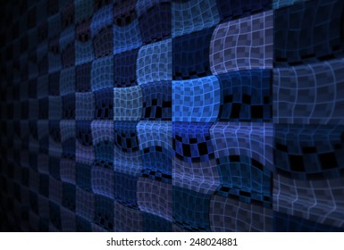 Funky Blue / Teal Abstract Wavy Checkered Design On Black Background (3D Perspective)