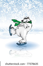 Funky Polar Bear Ice Skating On Frozen Lake In The Winter Christmas Holidays. Cool Attitude Strikes A Pose As He Skates Backwards Along The Ice Wearing A Green Scarf And Sunglasses.