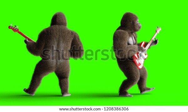 Funny 3d Brown Gorilla Play Bass Stock Illustration