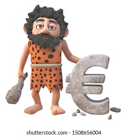 Funny 3d Cartoon Prehistoric Caveman Character Carving A Euro Currency Symbol In Rock, 3d Illustration Render