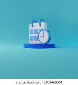 Funny 3D Illustration Icon Of Calender And Clock On Blue Background 