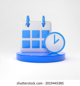 Funny 3D Illustration Icon Of Calender And Clock On White Background 