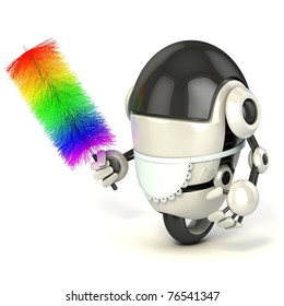 Funny 3d Robot In The Maid Uniform Holding The Feather Duster Isolated On The White Background