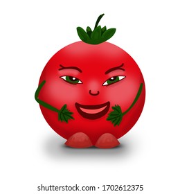 Funny Animated Tomato With Legs, Hands, Expressive Facial Features, Telling Funny Stories. Cartoon Character For A Children's Book.