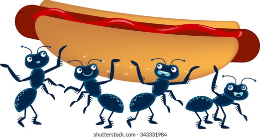Funny Ants Are Stealing Hot Dog Picnic Food Illustration. 