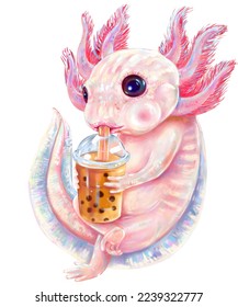 Funny Axolotl Boba Tea Bubble Milk For Exotic Pet Lover  digital painting 