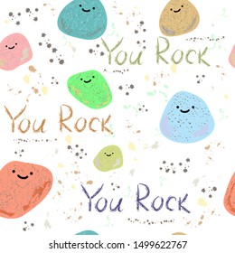 Funny Background With Cartoon Stones. You Rock Motivational Card. You Rock Pattern. Illustration Of Stones And The Words You Rock. American Slang On A White Background. Cool Expression For A Man. 