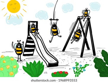 Funny bees have fun on the playground, riding on swings, slides and more. The concept of rest, weekend, summer.