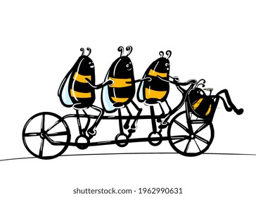 Funny Bees Ride A Tandem Bike. Free Time Concept.Crazy Insects.