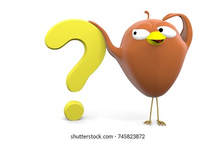 Funny Bird with big question mark, 3D rendering, isolated, set