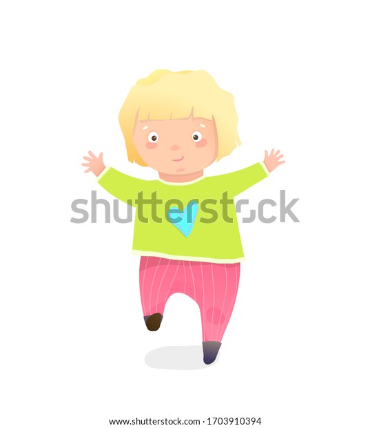 ジャンプ手描きの漫画を描くズボンをはいたおかしな金髪の女の子 楽しく走るかわいい幼稚な女の子 クリップアートの子ども向けイラスト のイラスト素材