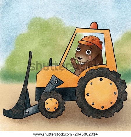Funny broun beaver builder on yellow bulldozer
