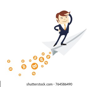 Funny Businessman Looking Forward Flying On Paper Plane. Miner Bit Coin Digital Currency Cryptocurrency. Orange Coin With Bitcoin Symbol Isolated White Background. Illustration Flat Style Design