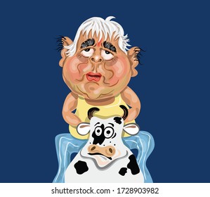 Funny Caricature Of Old Man On Cow. Funny Drawing Of Old Man.