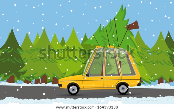 funny cartoon car with\
christmas tree