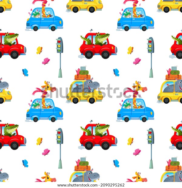 Funny cartoon cars with a crocodile, a giraffe and\
a hippo as drivers behind the wheel, a traffic light decor and\
colorful butterflies. Seamless pattern with transport and animals\
in cute child\
style