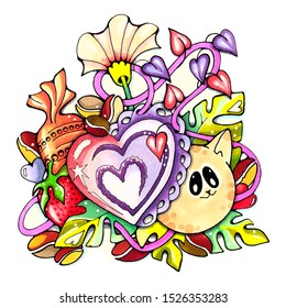 Funny cartoon Cat character with a Heart, colorful doodle isolated stock illustration for Valentines postcards, posters, greeting or invitation cards, children books, textile prints, web design, apps - Powered by Shutterstock