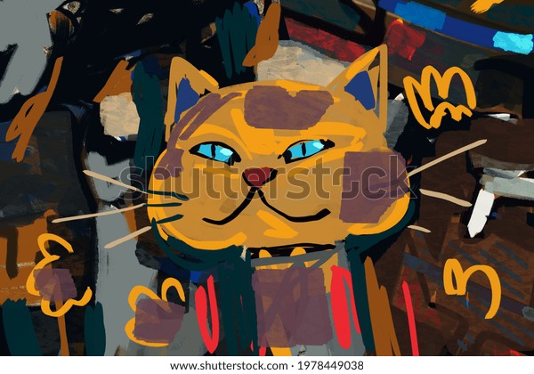 Funny cartoon cat paint\
one wall art mixed photo. painting graffiti Neo expressionism and\
post modern art Art. style with late modernism. print and wall art\
decoration.