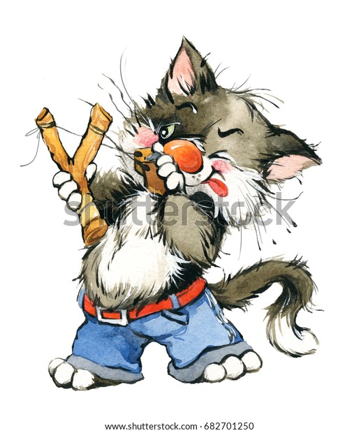 Funny Cartoon Cat Watercolor Kitten Illustration のイラスト素材