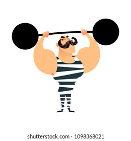 Funny cartoon circus strong man. A strong muscular athlete lifts the barbell. Retro sportsman with a mustache. Flat guy character with heavy metal barbell. Bodybuilder