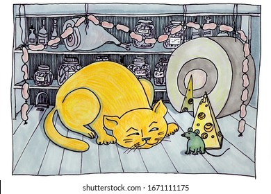 Funny Cartoon Drawing Of A Cat Meeting With A Mouse In The Pantry With Food.Meeting Place Food.