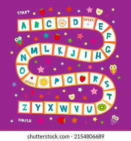 Funny cartoon English alphabet game Playmats banner card poster for Preschool Children, Owls, stars, kiwi orange strawberry apple. Red squares on lilac background. 