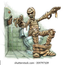 A funny cartoon illustration of a scary mummy sitting on a toilet who suddenly realizes that there is no toilet paper on the roll. Grave consequences must follow. Created as a digital painting.