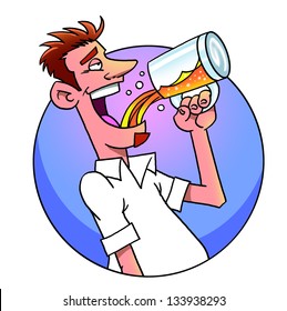 Funny cartoon man drinking  beer from  mug
