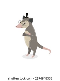 Funny Cartoon Opossum. Possum Stands.