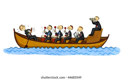 Funny Cartoon Of A Rowboat With A Single Rowing Employee And Four Managers Who Control Him