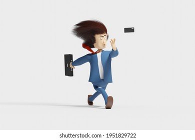 Funny Cartoon Style Businessman With Long Hair Hurrying To His Business And Throwing Away His Phone. 3d Rendering.