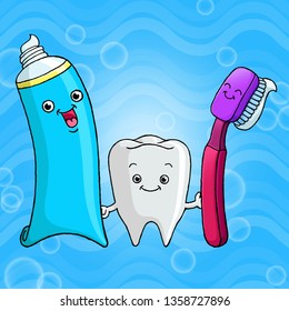 Funny Cartoon Tooth Toothbrush Toothpaste Isolated Stock Illustration ...