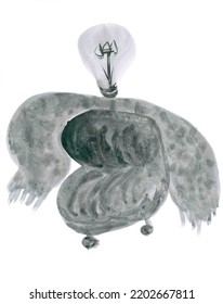 Funny Cartoon Watercolor Illustration In Gray For Creepy Halloween Decorations. A Fabulous Translucent Ghost, Like A Chair, With A Head Like A Lamp. The Original Symbol Of The Creepy Autumn Festival.