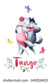 Funny Cat And Dog Dancing Tango. Hand Painted Watercolor Illustration Isolated On A White Background. 