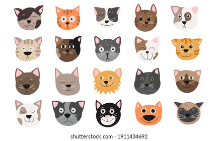 Funny Cat Face Set Illustration Emotions. Cute Animal Face Cat Heads Collection. Cartoon Kitten Pet Isolated White Icon. Drawing Happy Avatar Doodle Sticker. Adorable Symbol Design Portrait