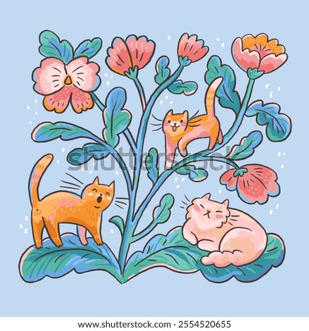 Funny cat illsutration. Singing spring cats and decorative flowers. Stylish hand drawn creative nursery poster design or greeting card. 