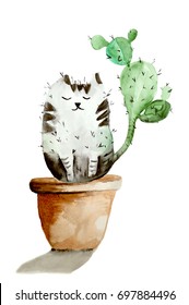 Funny Cat In Pot With Cactus Tail