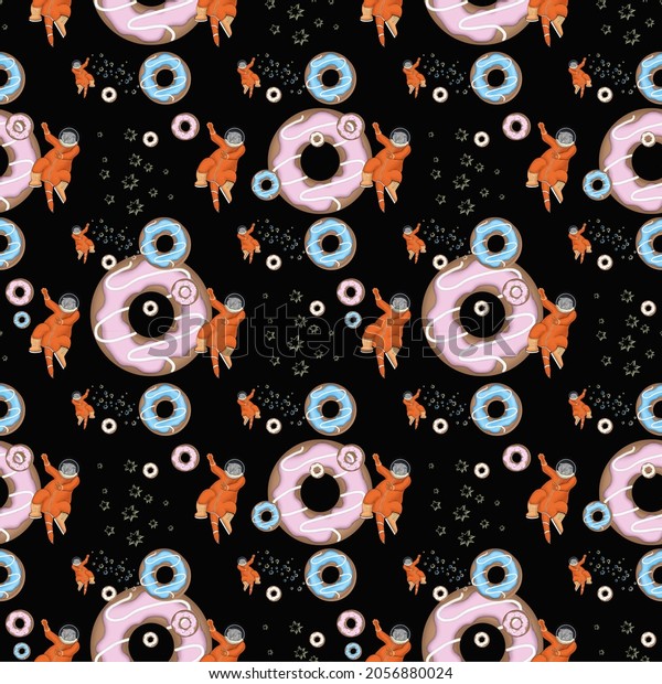 Funny cats astronauts have a sweet tooth. Donuts\
in the space. Seamless pattern on a black background. Cute cats.\
Space seamles\
pattern