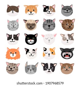 Funny Cats Face Emtions. Cute Funny Cat Characters Faces, Animals Emtion Set, Happy And Angry, Sad And Haughty Mood Heads