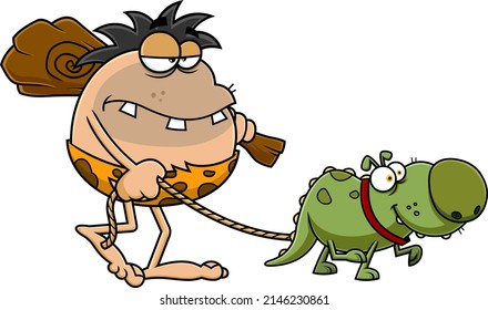 Funny Caveman Cartoon Character With Club And Dino Dog Goes To Hunting. Raster Hand Drawn Illustration Isolated On White Background