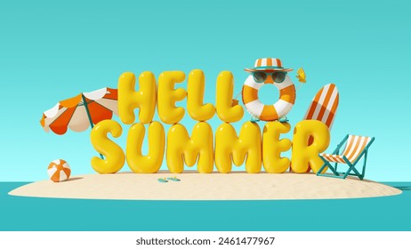 Funny character from inflatable swim ring and Hello summer is written in inflatable yellow letters on sandy island. Tropical scene with beach items. Background for postcard, poster. 3D illustration. - Powered by Shutterstock