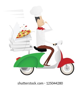 Funny chef delivering pizza on a moped painted as italian flag