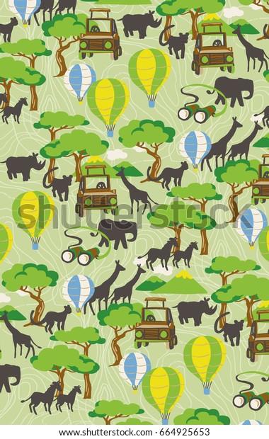 funny children\'s prints cartoon characters\
safari giraffe truck vernacular elephant trees\
savanna rhinoceros\
wild cat hot air balloon hand drawn pattern zebra terrain map on\
green background