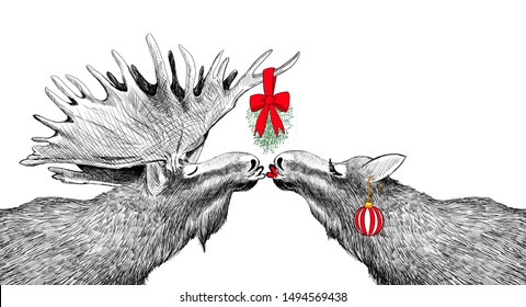Funny Christmas Card with moose kissing under mistletoe in humorous fun  holiday design. Hand drawn animal sketch for party invitations or border illustration. Festive characters in cute image scene.