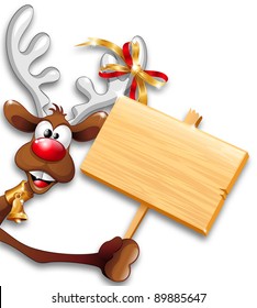 Funny Christmas Reindeer Cartoon Holding Wooden Panel