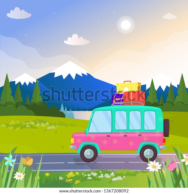 Funny Colorful Car with Trunk and Luggage\
on Roof Going by Road at Beautiful Nature Background with Mountains\
Landscape, Lake and Pine Trees. Traveling, Vacation. Cartoon Flat\
Illustration.