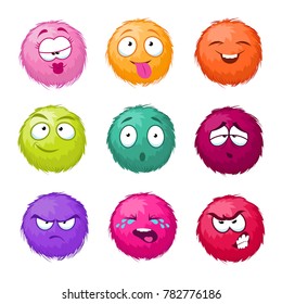 Funny Colorful Cartoon Fluffy Ball Fuzzy Characters Set. Monsters With Different Emotion. Cute Monster Character, Illustration Of Color Fuzzy Creature