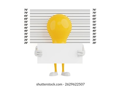 Funny Concept Of Failed Idea. Light Bulb Character Standing In Front Of Height Chart With Blank Sign Extreme Closeup. 3d Rendering